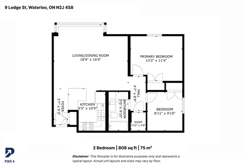 Floor plan for 2 beds, 1 bath